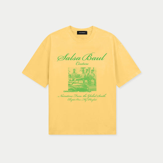 Front view of yellow with green Salsa Baul Couture graphic t-shirt