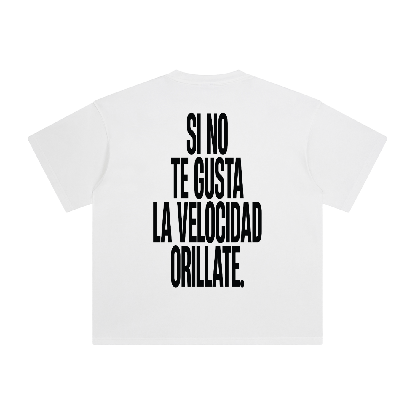 Back view of si no te gusta la velocidad orillate white graphic t-shirt