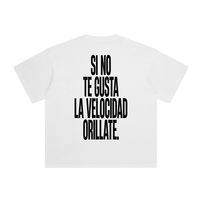 Back view of si no te gusta la velocidad orillate white graphic t-shirt