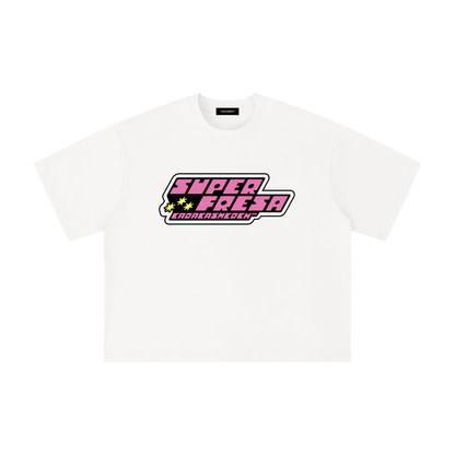 White boxy t-shirt front view with bold “Super Fresa” graphic in pink and black with stars and Caracas Merch branding
