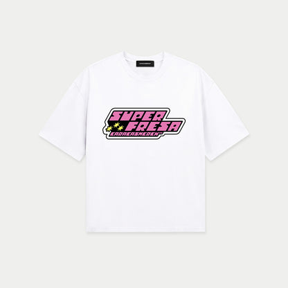 White boxy t-shirt front view with bold “Super Fresa” graphic in pink and black with stars and Caracas Merch branding