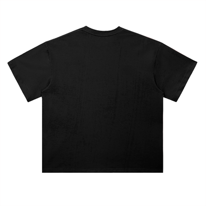 Black oversized t-shirt back view with wooden spinning top graphic forming “ccs” in rope-style lettering – Caracas Merch