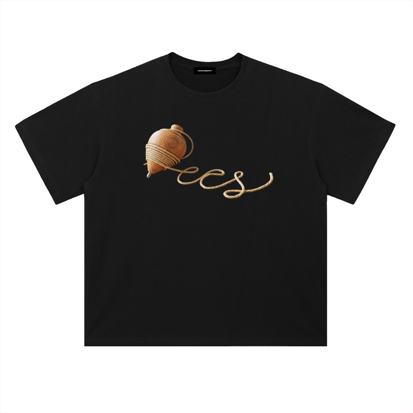 Black oversized t-shirt front view with wooden spinning top graphic forming “ccs” in rope-style lettering – Caracas Merch