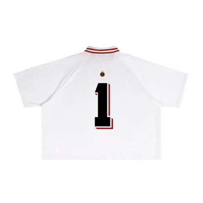 Un lacreo white jersey back view featuring number 1 graphic