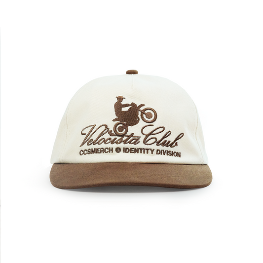 Front view of Velocista Club embroidered cream and brown cap by Caracas Merch