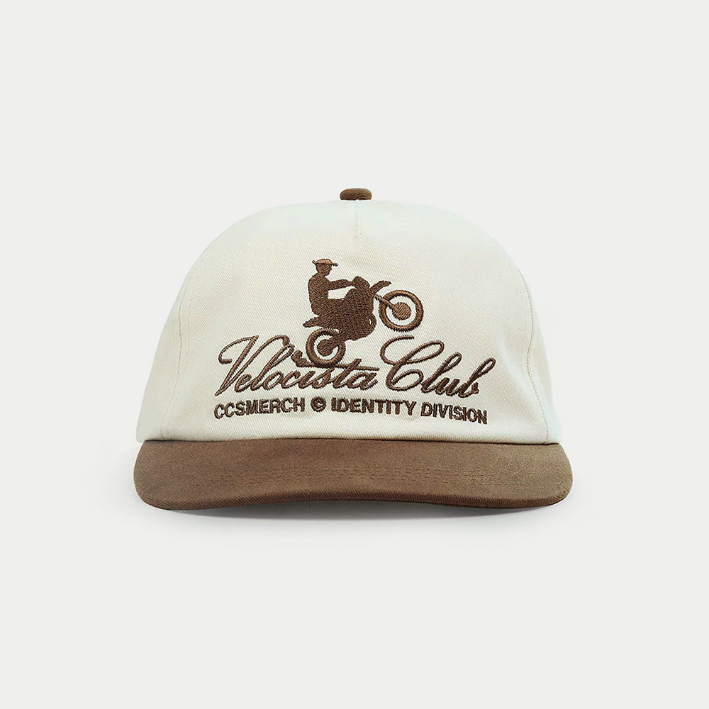 Front view of Velocista Club embroidered cream and brown cap by Caracas Merch