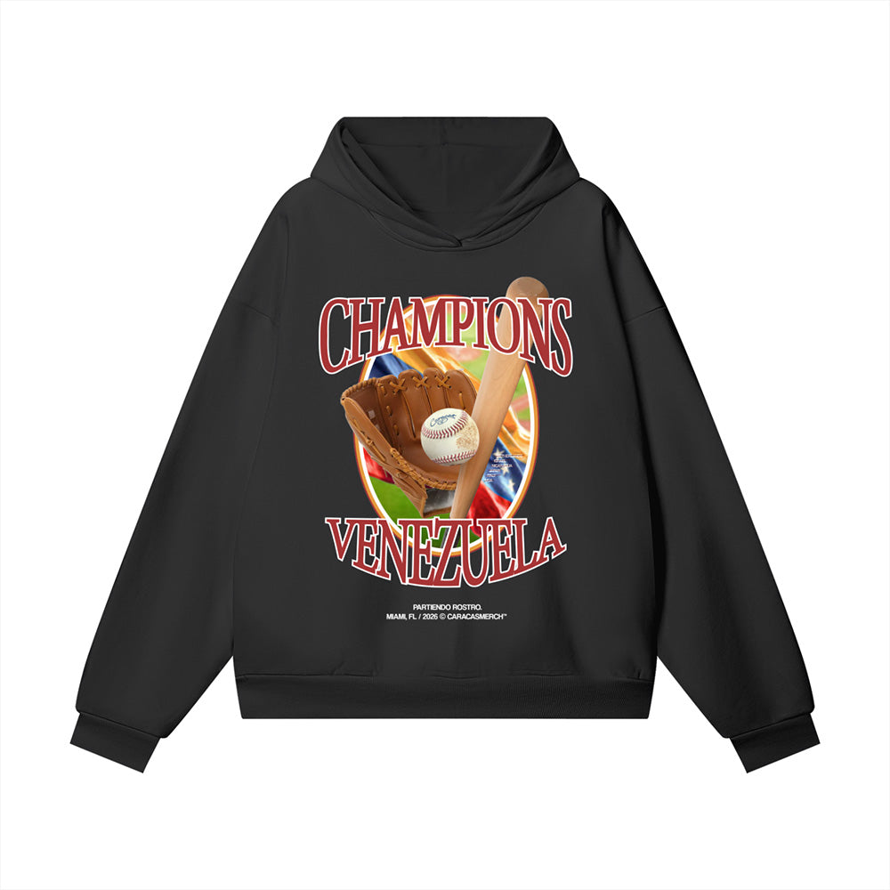 Hoodie Venezuela Campeones inspirada en el béisbol 2026. Diseño vintage estilo WBC, edición limitada para fanáticos del béisbol y Venezuela.