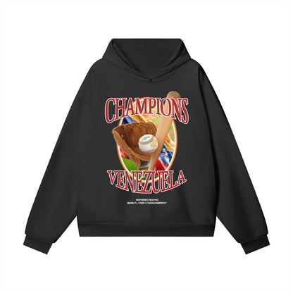 Hoodie Venezuela Campeones inspirada en el béisbol 2026. Diseño vintage estilo WBC, edición limitada para fanáticos del béisbol y Venezuela.