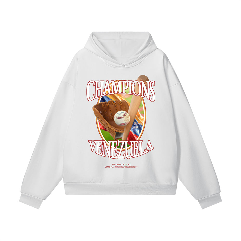 Hoodie Venezuela Campeones inspirada en el béisbol 2026. Diseño vintage estilo WBC, edición limitada para fanáticos del béisbol y Venezuela.