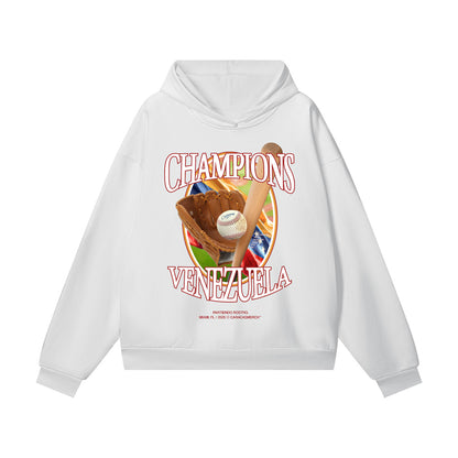 Hoodie Venezuela Campeones inspirada en el béisbol 2026. Diseño vintage estilo WBC, edición limitada para fanáticos del béisbol y Venezuela.