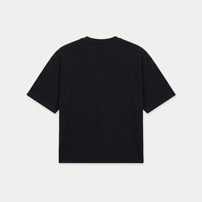 Black oversized t-shirt back view with oval graphic featuring Angel Falls image and “Que viva Venezuela en esa mierda caballero” text – Caracas Merch