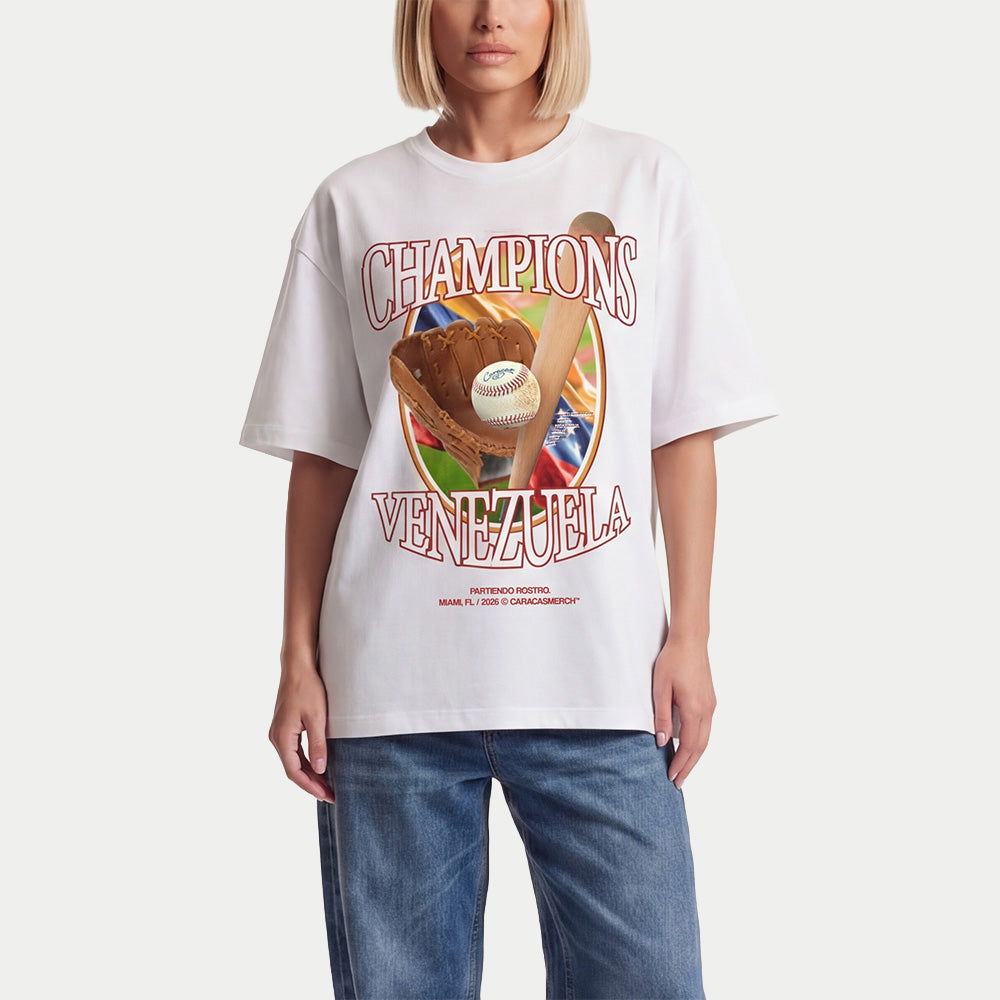Female model with Venezuela baseball champions white tee 2026 vintage baseball graphic shirt